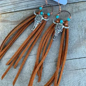 Fierce Fringe Couture Hypoallergenic Fringe Bullhead Earrings with Turquoise Beads and Leather Tassels