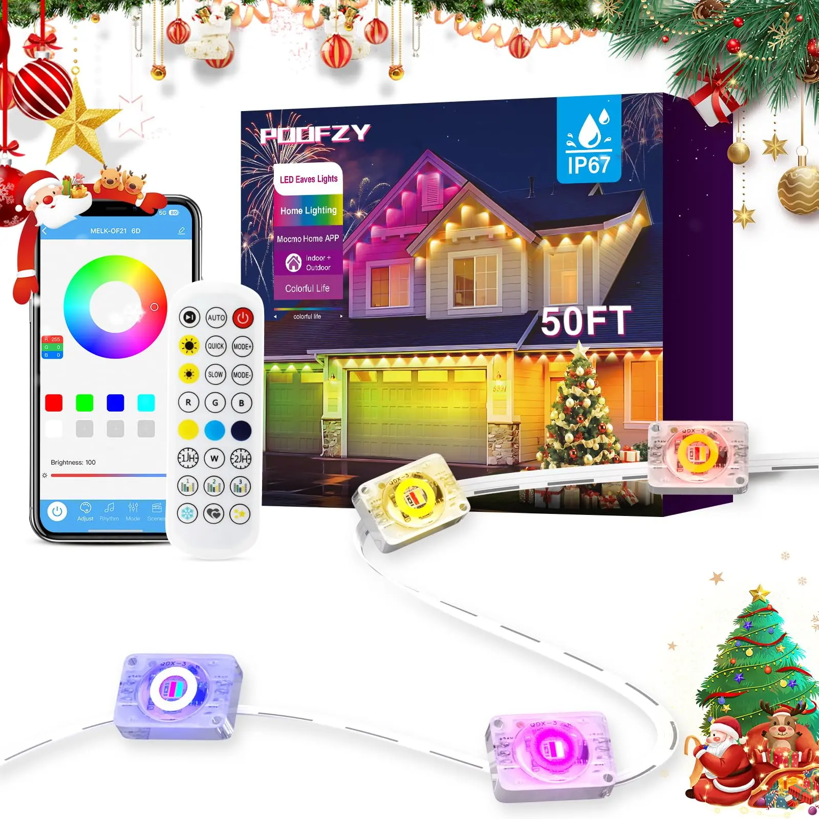 POOFZY Permanent RGB IC Outdoor String Lights, Smart House Decor Lights, 50 Scene Modes, APP & Remote Dual Control, Multicolor Waterproof Fairy Lights for Home Yard, Holiday, Christmas & All Season Party Decoration
