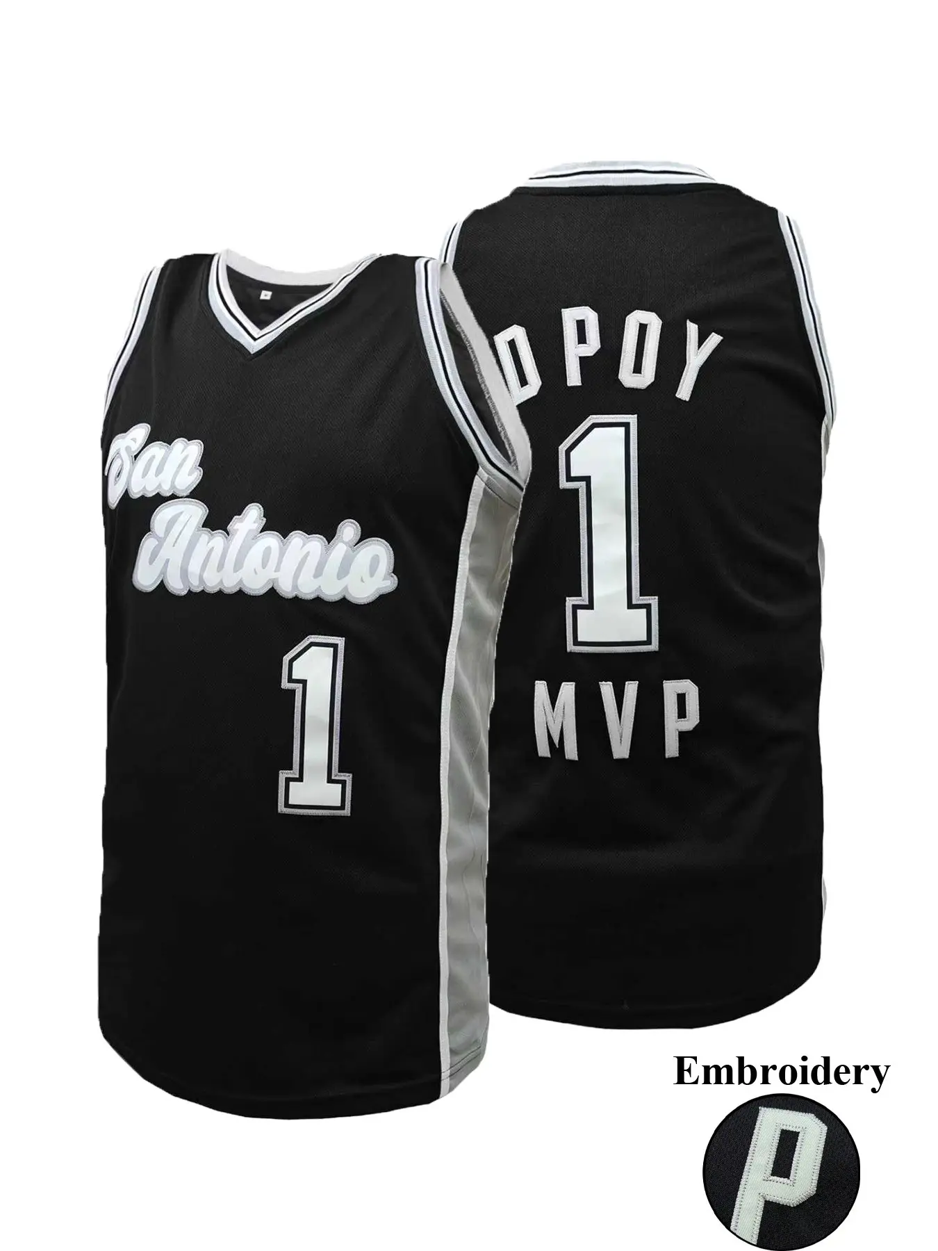 Men's San Antonio #1 MVP Embroidered Basketball Jersey, Stitched Name & Number Retro Sleeveless Shirt, Breathable Sports Tops Athletic Tops Sportswear for Men Women Youth, S-3XL