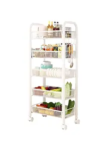 5 Tier Rolling Cart, Storage Metal Rolling Cart with 4 Lockable Wheels- for Fruits Vegetables Snacks Bowl&Dishes, for Kitchen Living Room Bathroom, White