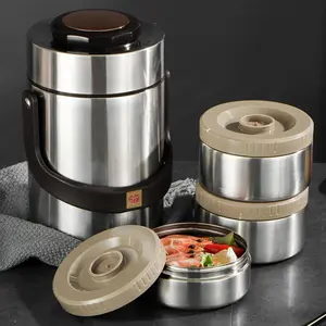 2L Stainless Steel Insulated Lunch Box Set, Includes 3 Thermal Containers & 1 Bucket, Leak-Proof Reusable Food Storage