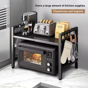 Expandable Microwave Rack, Countertop Kitchen Organizer, Carbon Steel Microwave Stand with Hooks, Dish Storage Shelf, 1 Piece