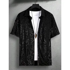 Men's Solid Color Sequin Short-Sleeve Loose Casual Summer Party Shirt, Ideal Boyfriend Gift