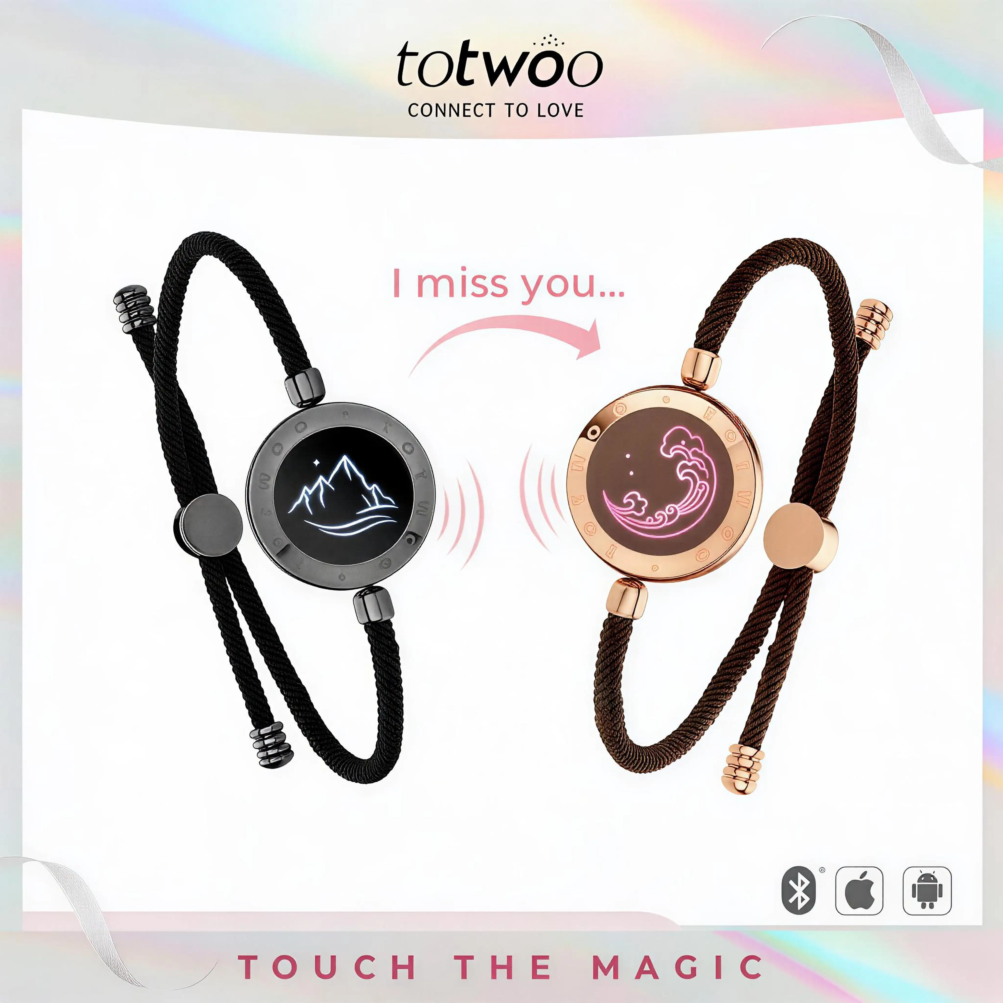 TOTWOO Couple's Long-Distance Touch Bracelets - Women's Fashion Smart Jewelry, Light-Up Feature, Vibration Feature, 1-to-1 Bluetooth App Pairing, Romantic Gift for Girlfriend