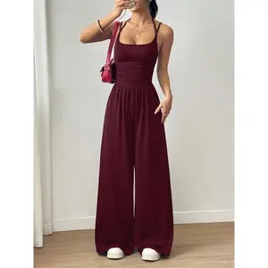 Women's Strapless Casual Halter Jumpsuit, Wide Leg Loose Pants, Simple Comfortable Set, Fitted Plain Design, All Seasons Wear