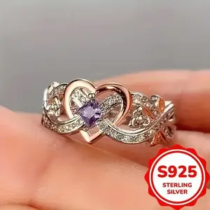 1pc Elegant 925 Sterling Infinity Heart Ring with Purple Synthetic Zirconia, Engagement Wedding Band, Daily  Special Occasion Jewelry, All Seasons Compatible