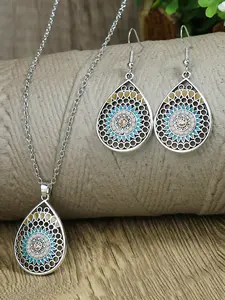 2pcs/set Boho Style Water Drop Shaped Pendant Necklace and Dangle Earrings, Vintage Style Ethnic Pattern Design Dangle Earrings, Fashionable Jewelry Set, Fashion Zinc Alloy Jewelry Set for Women and Girls, Jewellery Gift Set