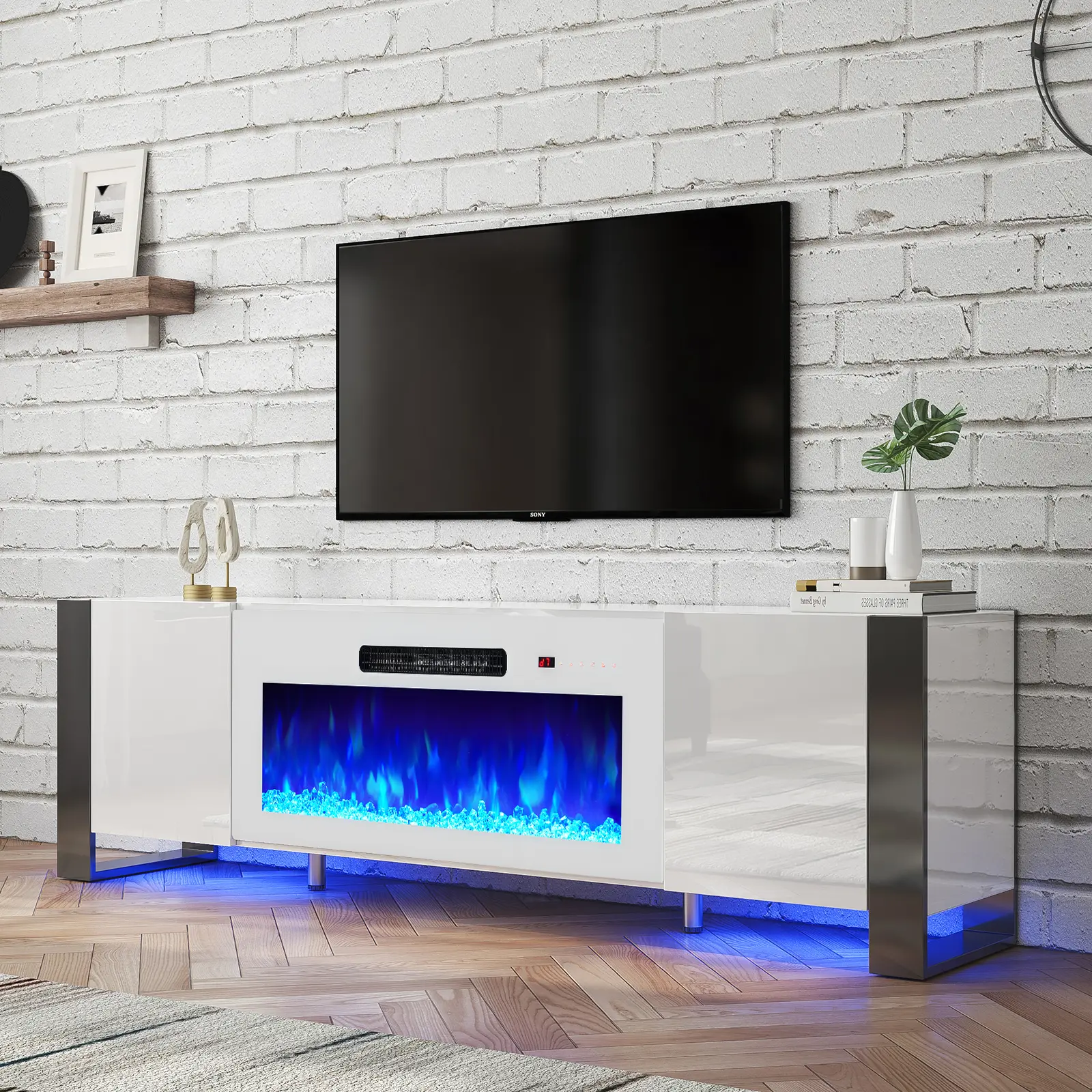 [Ships in 2 Boxes] [SummerSale] AMERLIFE U-Shaped Legs Fireplace TV Stand, Media Console with Electric Fireplace and LED Lights, Modern Entertainment Center with Storage Shelf, Apartment Furniture/Best Gift Ideas/Christmas Gifts
