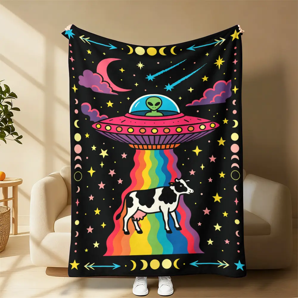 Trippy UFO Alien Cow Abduction Throw Blanket, Rainbow Beam Moon Phase Star Psychedelic Space Cartoon Fleece Blanket, Soft Warm Blanket For Sofa Bed Couch Office Nap, Holiday Birthday Christmas Gift For Hippie Alien Cosmic Trippy Art Lovers