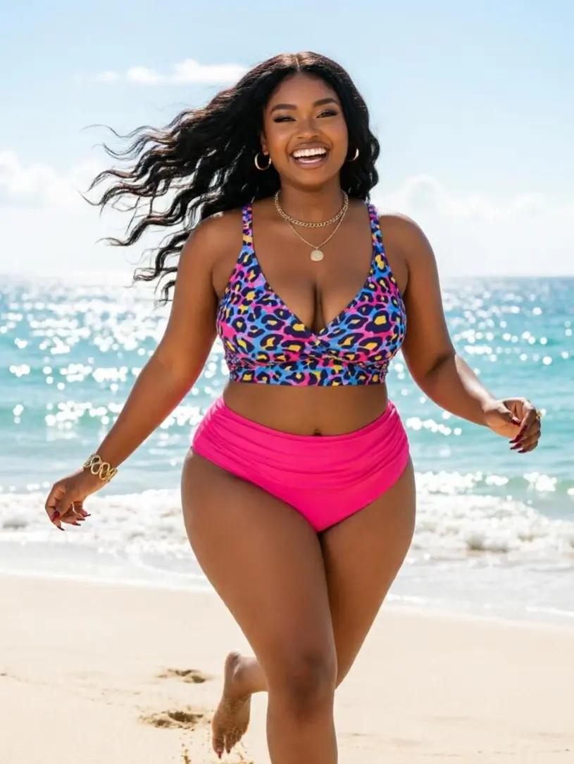 Women's Plus Size 2-Piece Bikini Set - Colorful Leopard Wrap Top, Hot Pink High-Waist Ruched Bottom, Curvy Swimwear for Beach Vacation