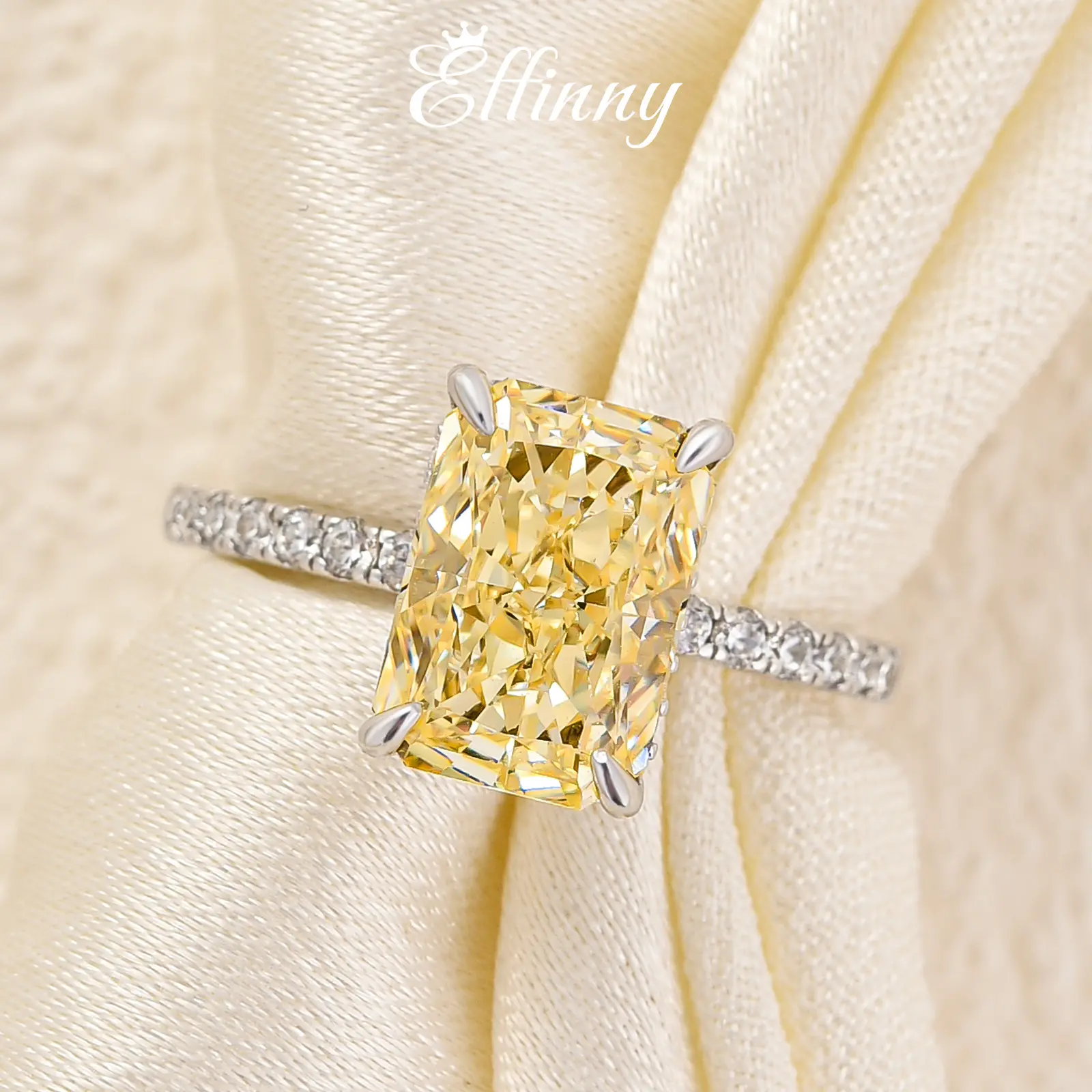 Effinny 3.5ct Elongated Yellow Stone Radiant Cut Engagement Ring In Sterling Silver,5A Grade Cubic Zirconia Anniversary Ring for Women, Adults