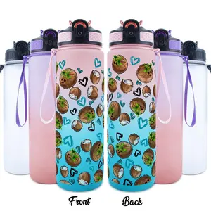 32oz Sports Water Bottle, 1 Count Coconut Palm Tree & Hearts Pattern Water Bottle with Time Marker, Suitable for Sports, Fitness, Outdoor Travel, Drinkware