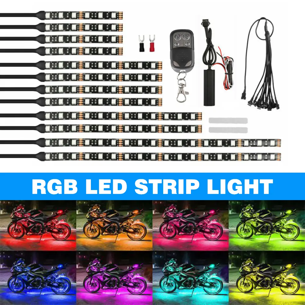 12Pcs Motorcycle RGB LED Neon Under Glow Lights Strip Kit Universal DIY Cool Acc 12Pcs Motorcycle RGB LED Neon Under Glow Lights Strip Kit Universal DIY Cool Acc