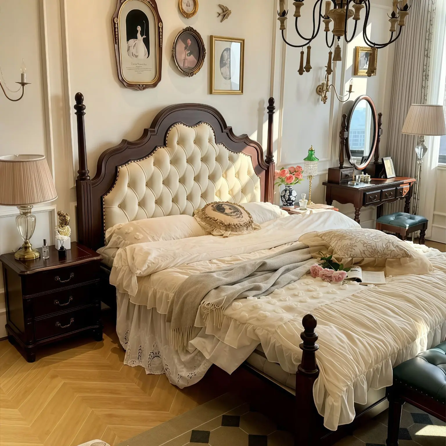 Elegant Tufted Bed with Dark Wood Frame and Cream Upholstery for a Luxurious Bedroom Setup
