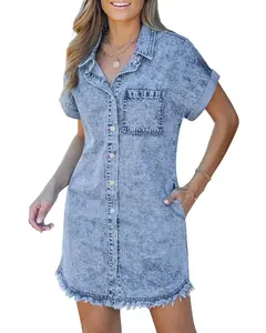 Women's Button Down Frayed Hem Denim Shirt Dresses