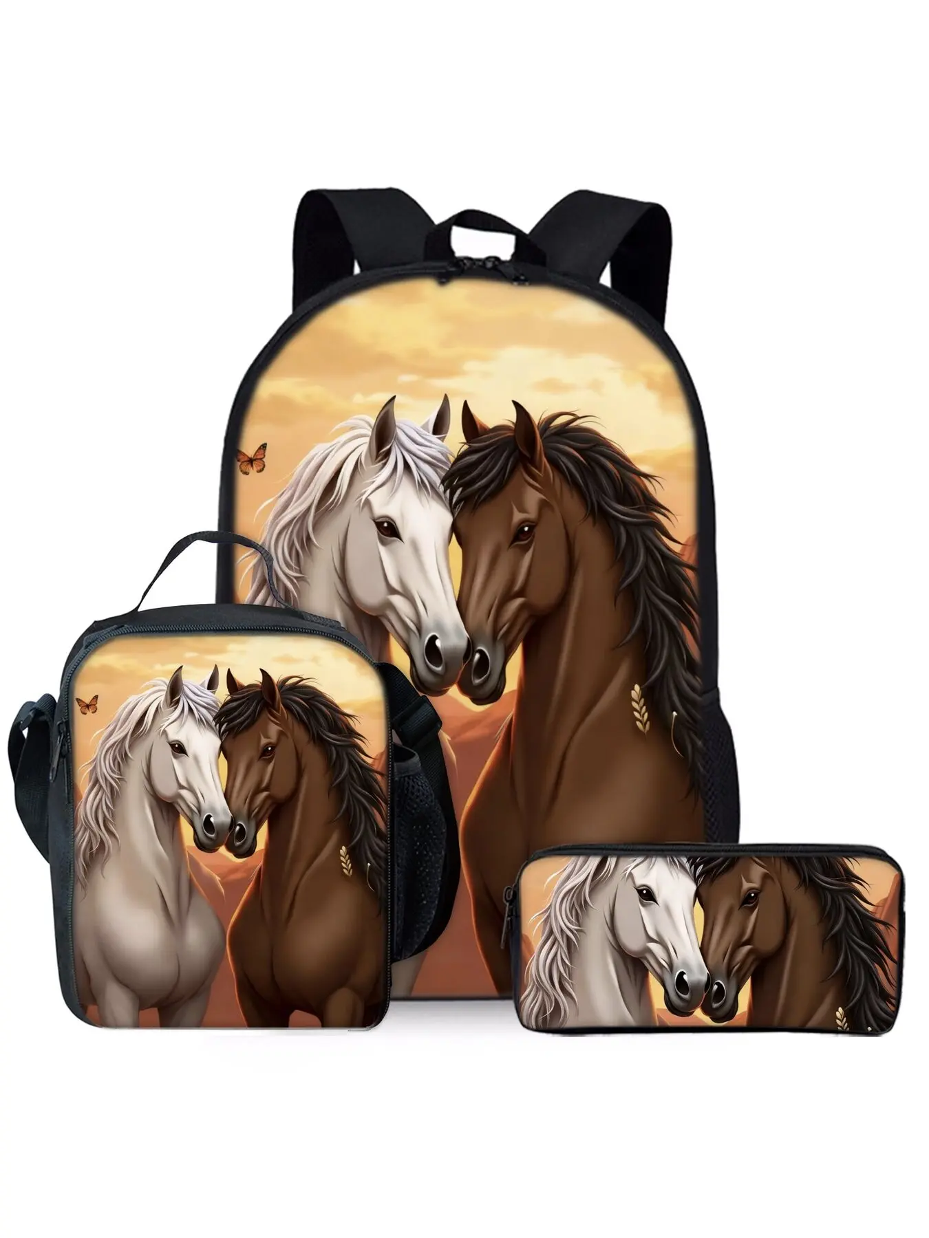 This three-piece backpack set features a white and brown horse print and includes a lunch bag and a pencil case.
