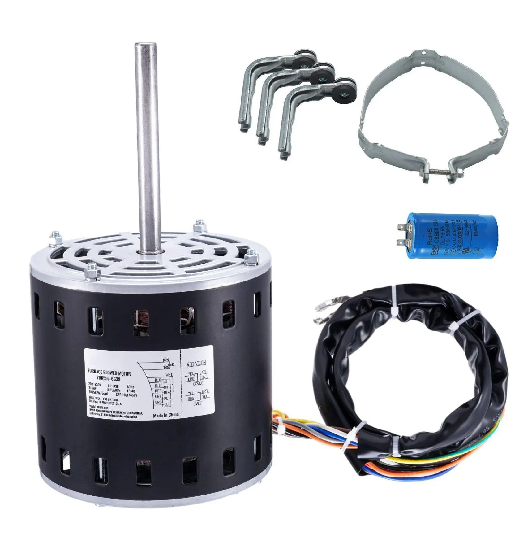 3/4 HP Furnace Blower Motor 208-230V, 1075 RPM 5 Speed CW/CCW, 48 Frame, 4.8" Shaft, w/ Capacitor & Hold Hoop