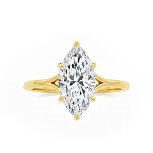 Women's Minimalist Golden-Tone Marquise Cut Solitaire Engagement Ring - Split Shank Artificial Gemstone Bridal Jewelry Gift for Brides, Engagement Rings