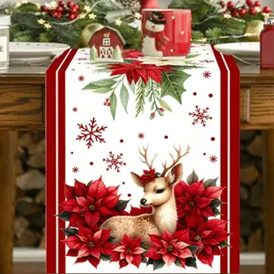 Christmas Table Runner 30x180 Cm Background Trim, Festive Design with Poinsettia Snowflakes Deer, Holiday Decorations