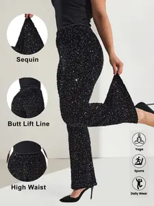 Plus Size Women's Flared Leg Pants, Trouser, Bottom, European Luxury Style, High Waist Sequin Fabric, Summer Breathable Slim Fit, Perfect for Daily Womenswear