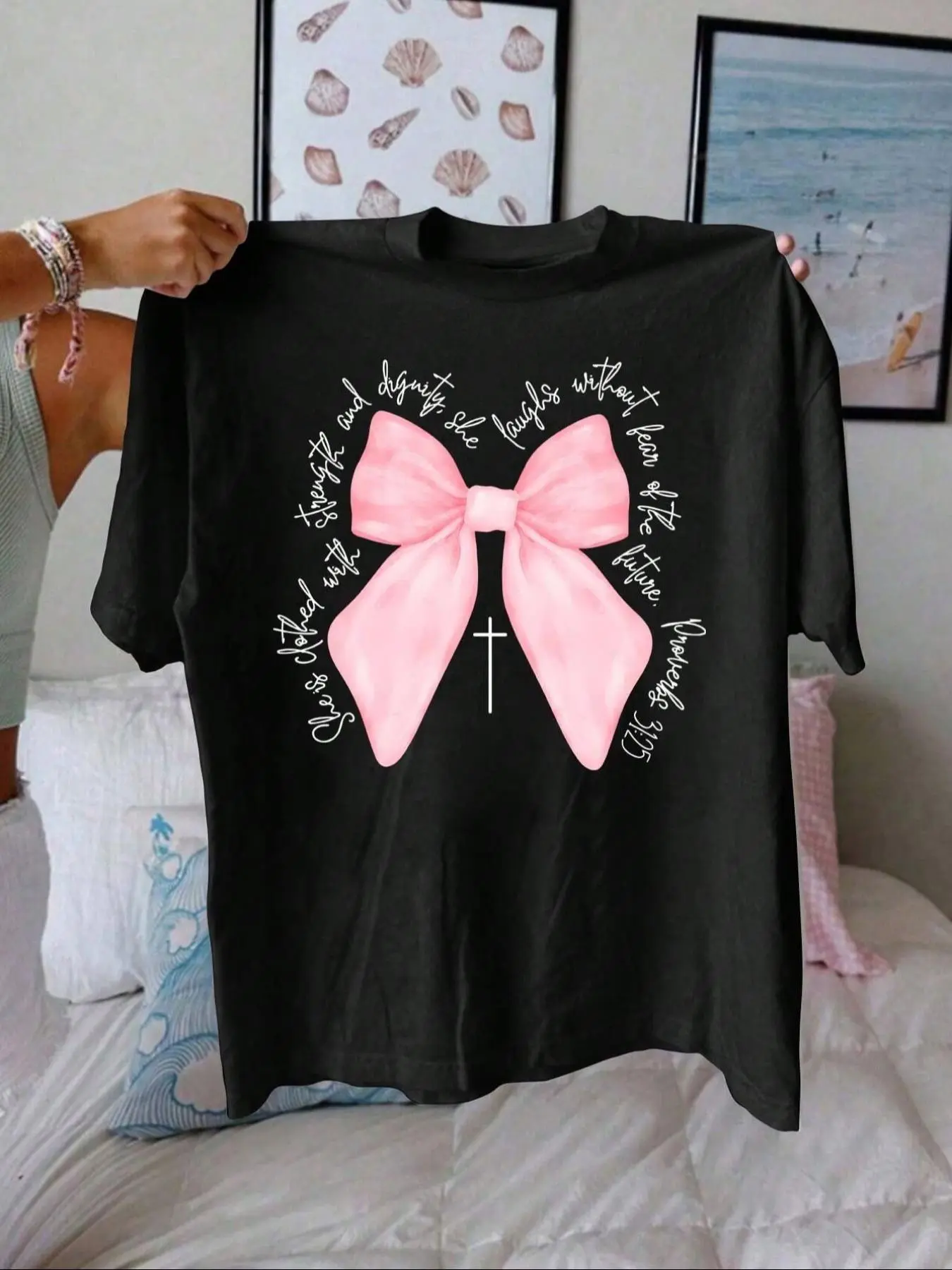 Women's Letter & Bow Print Round Neck Tee, Casual Long Sleeve Crew Neck T-shirt for Fall & Winter, Women's Top for Daily Wear