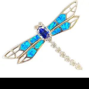 DRAGONFLY Rhinestone JEWELS Oval Variegated Blues Retro Brooch Pin 925 Silver .