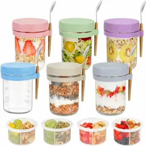 Overnight Oats Containers with Lids and Spoons, 16 oz Mason Jars with Removable Separate Compartments, Airtight and Leak-Proof Glass Jars for Chia Pudding, Yogurt, and Oatmeal