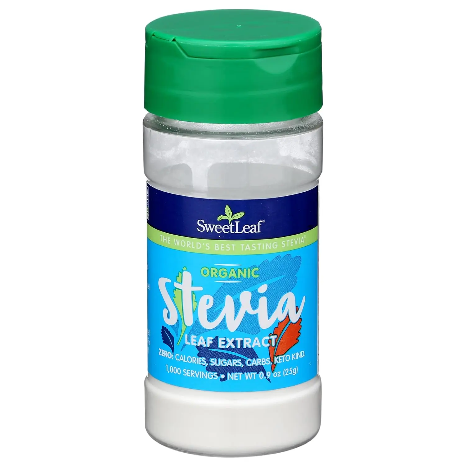 SweetLeaf Organic Pure Stevia Powder Shaker Jar - Zero Calorie Sweetener with Pure Stevia Leaf Extract, No Artificial Sweetener Additive, Sugar Free, Keto Friendly, Gluten Free - 0.9 Oz (Pack of 1)