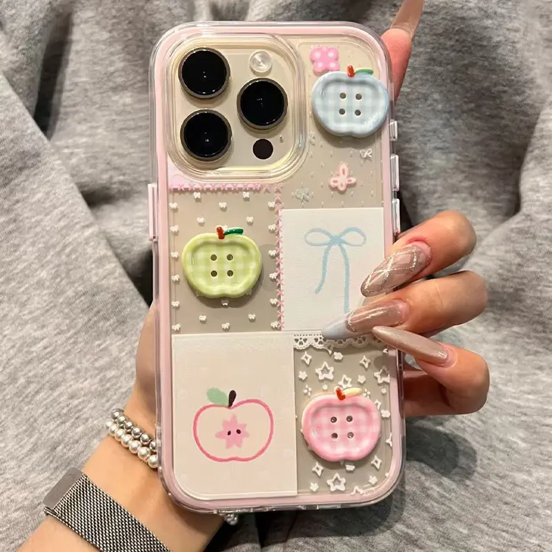 2-in-1 airbag shell Shockproof with colorful stitching, apple bow, three-dimensional button Protective Decorative smartphone protector phone case Casing Cover Phone Guard for iPhone 11 12 13 14 15 16 pro max Shock Resistant Cover