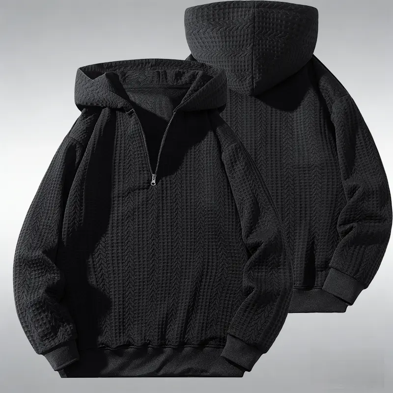 Unisex 3D jacquard cap hoodie, high street casual style from a trendy brand; fabric with an outstanding faux slub texture. A minimalist half zip front design is sleek and clean, while the hood adds a stylish, structured look. A relaxed drop shoulder fit f