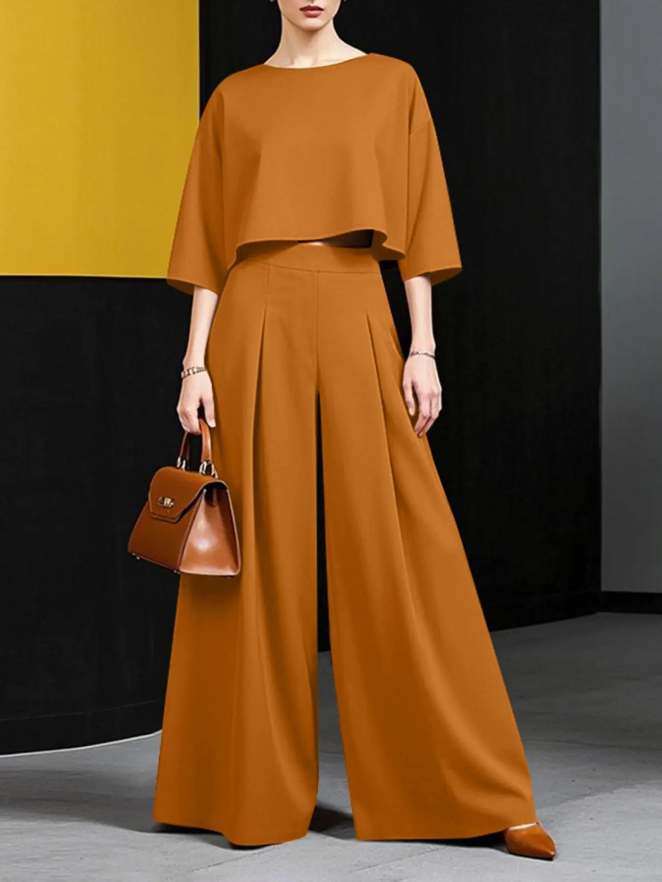 Women's Casual Chic Elegant Round Neck Three-Quarter Sleeve Crop Top Set Suits, Elastic Waist Pleated Wide Leg Pants, Two-Piece Womenswear