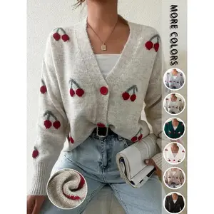 Women’s cherry-patterned button-front knit cardigan, elegant long-sleeve sweater cardigan for fall and winter, women’s knitwear for everyday wear