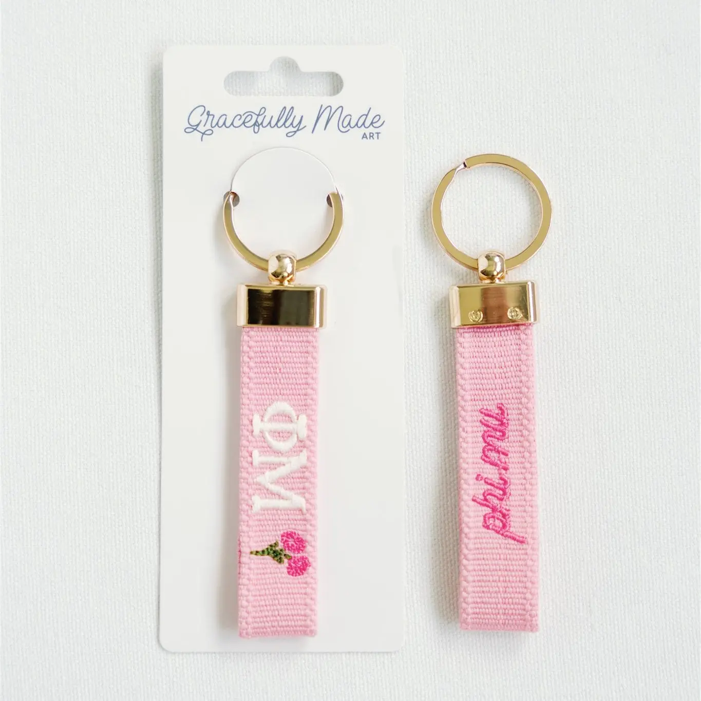 Phi Mu Officially Licensed Embroidered Keychain with Gold Hardware Double-Sided Sorority Letters & Carnation Design Accessory