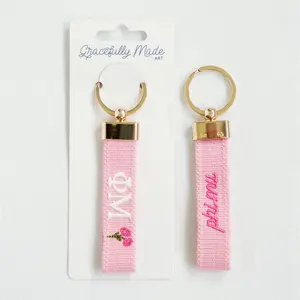 Phi Mu Officially Licensed Embroidered Keychain with Gold Hardware Double-Sided Sorority Letters & Carnation Design Accessory