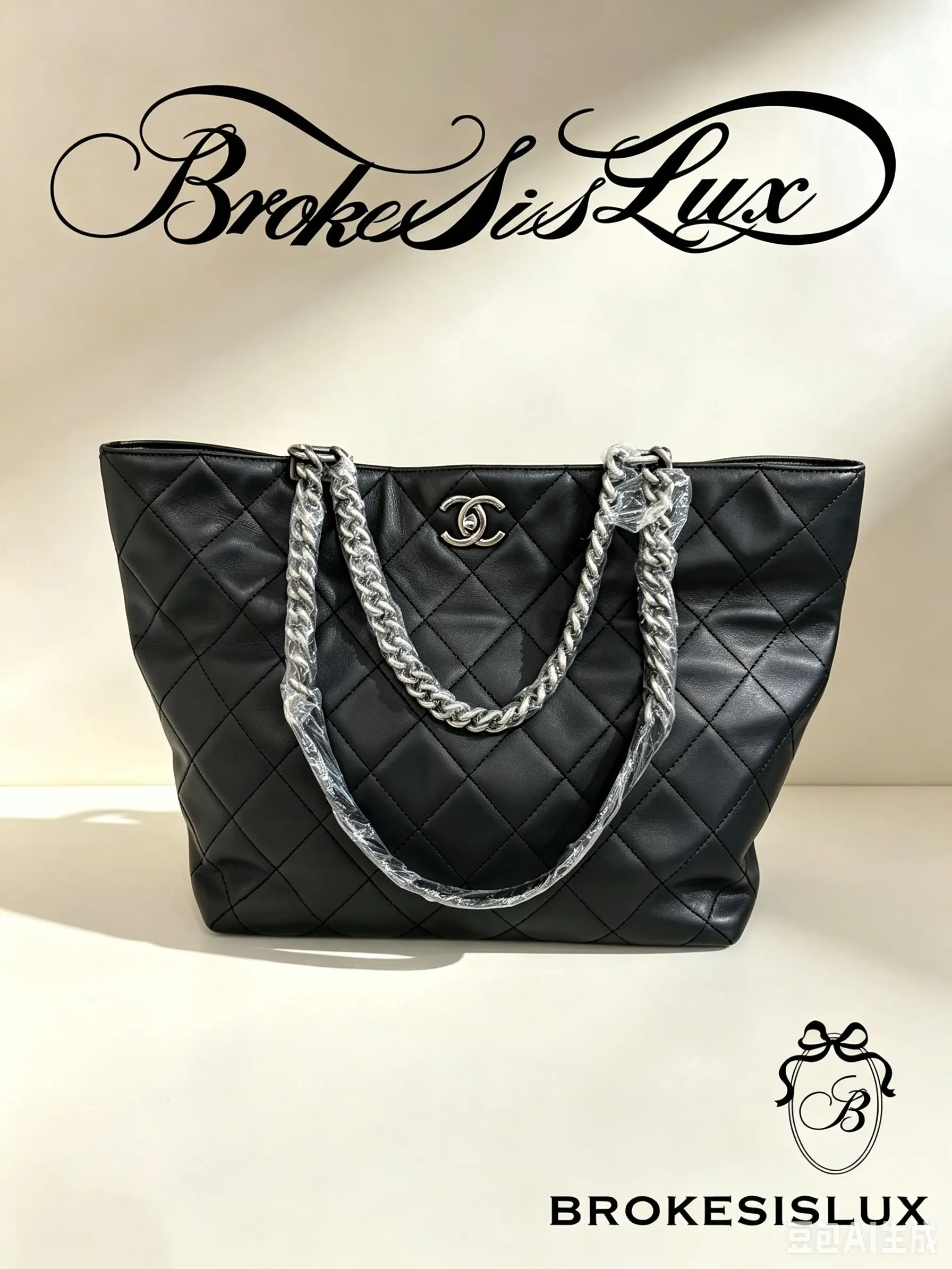 Pre-owned CHANEL Large Shopping Tote Bag, Black Smooth Calfskin, Diamond Matelassé Quilting, Silver Interlocking CC Front Logo, Thick Leather Woven Silver Double Chain Strap