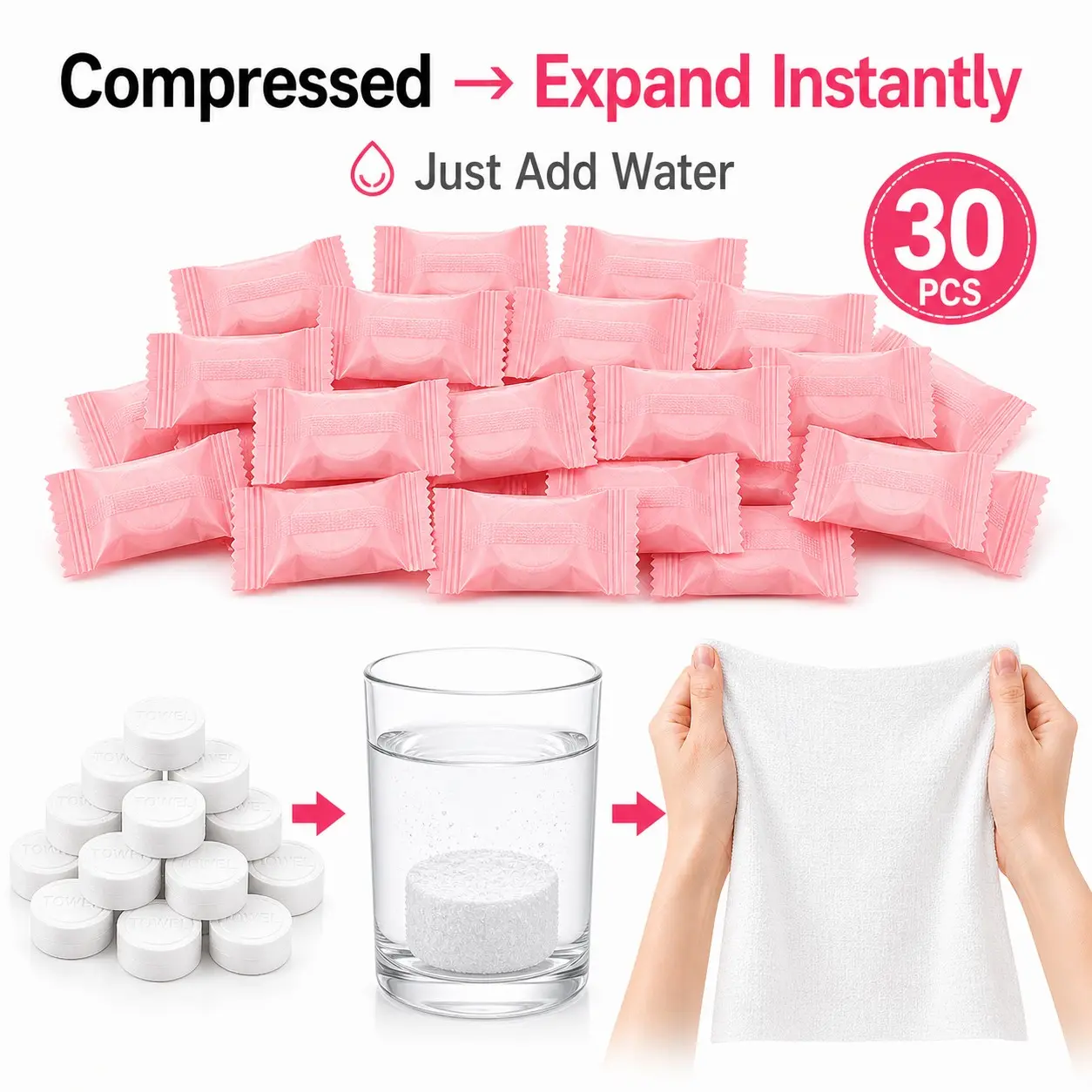 Compressed Disposable Face Towels 30 Count, Facial Disposable Cloths, Portable Single-Use Face Towels for Travel, Camping, Makeup Removal & Daily Cleansing, Facial Cleansing Towel, Face Cleaning Towel
