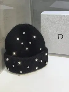 1 solid color imitation rabbit hair and rhinestone urine cap, warm, thick, cute knitted cap, suitable for both men and women, super soft and comfortable, autumn and winter use, Cute Beanie Hat, Beanies