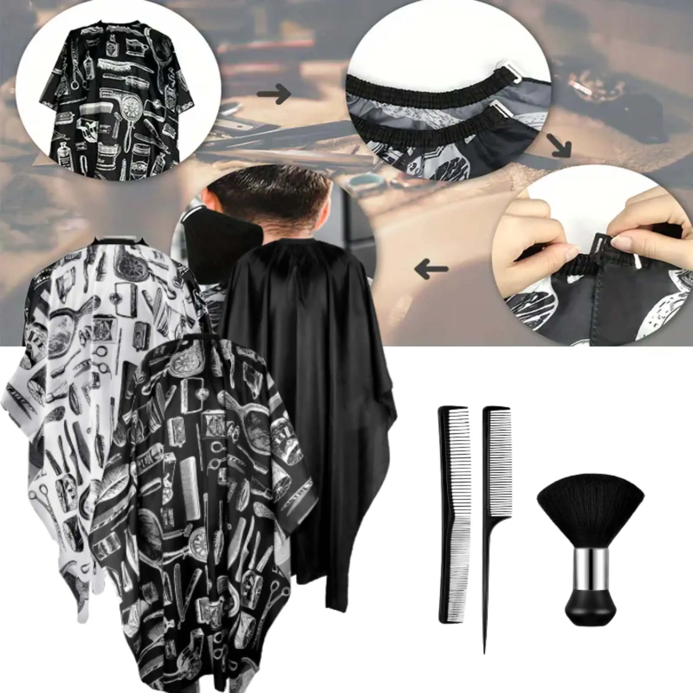 6-Piece Salon Hairdressing Kit, Unisex Multi-Pack Haircare Tools with 3 Polyester Capes, Fiber Neck Duster Brush & 2 Styling Combs, Lightweight, Adjustable, Rat-Tail Comb, Waterproof Cape, Children, Durable, Two Sizes