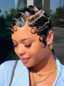 short wavy wig black brown burgundy color daily party use wig 13x4 lace finger wave pixie cut human hair wig for women Lace Frontal Wig