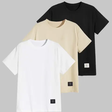 Men's Solid Patched Round Neck Short Sleeve Tee, Streetwear Regular Fit Casual T-shirt, Summer Outfits 2024, T Shirts for Men, Men Summer Clothing
