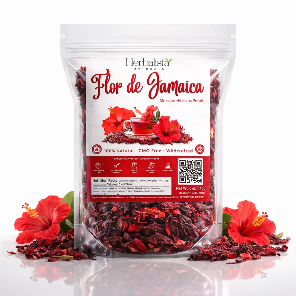Herbalista Flor de Jamaica 4oz (114g) – Mexican Hibiscus Petals | 100% Natural, Non-GMO, No Additives or Fillers | Premium Dried Jamaica Flowers for Tea, Agua Fresca, Cocktails & Recipes | Product of Mexico