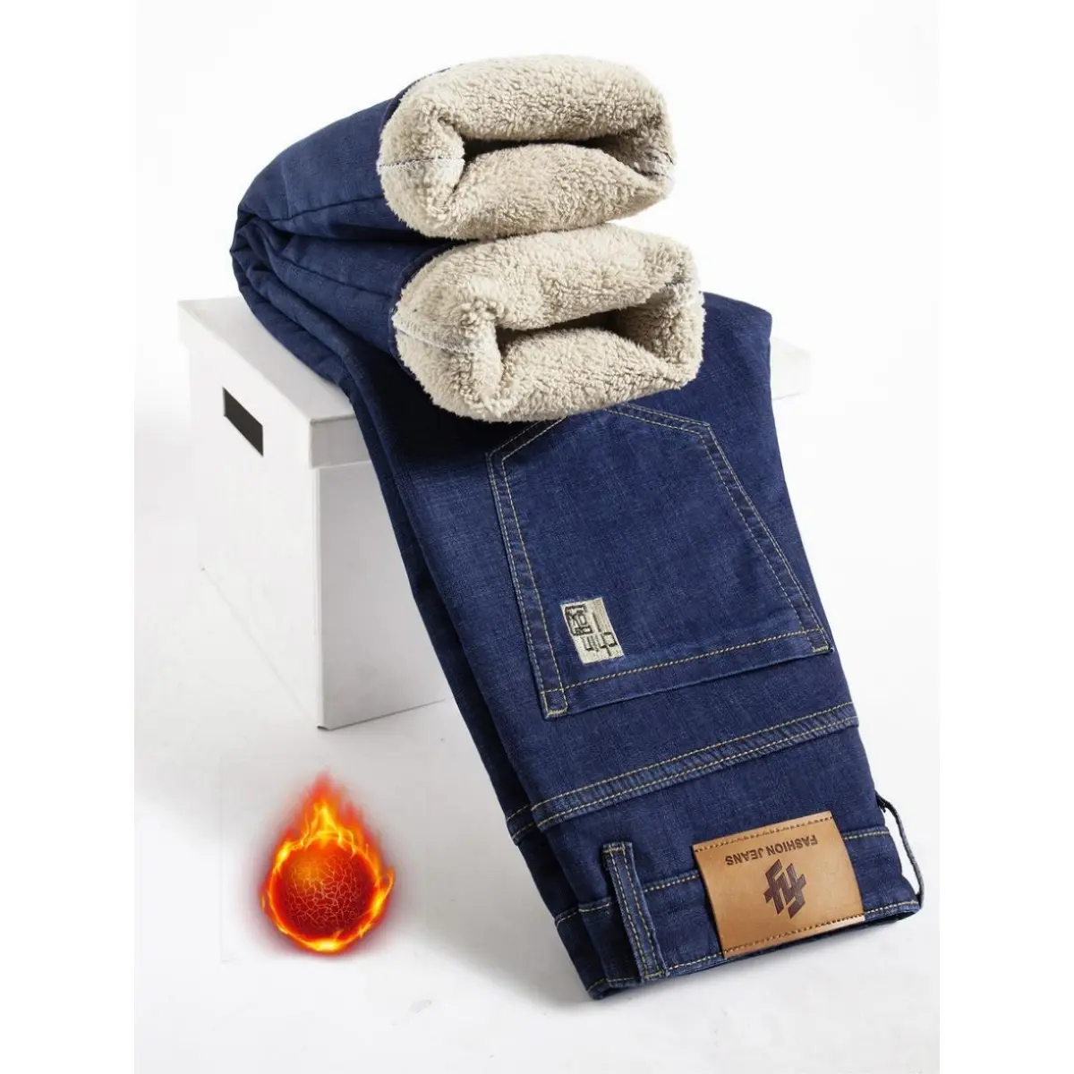 Men's Fleece Lined Winter Jeans - Thickened Thermal Plain Denim, Casual Loose Straight Leg Trousers, Menswear