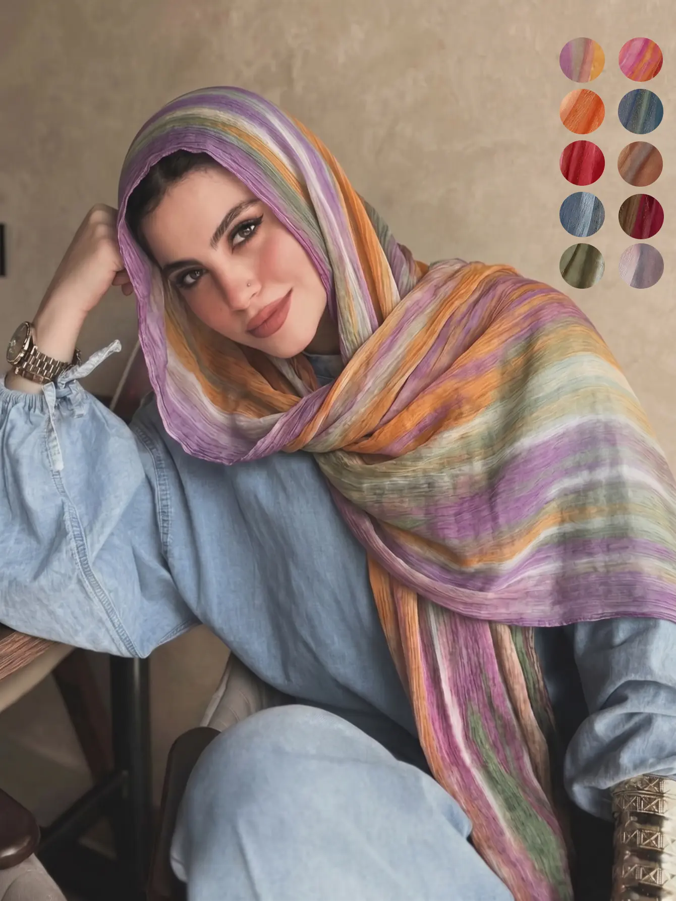 Wrinkled Modal Hijab for Women, Elegant Tie-Dye Gradient Print Scarf for Casual All-Season Wear, All Seasons, Everyday