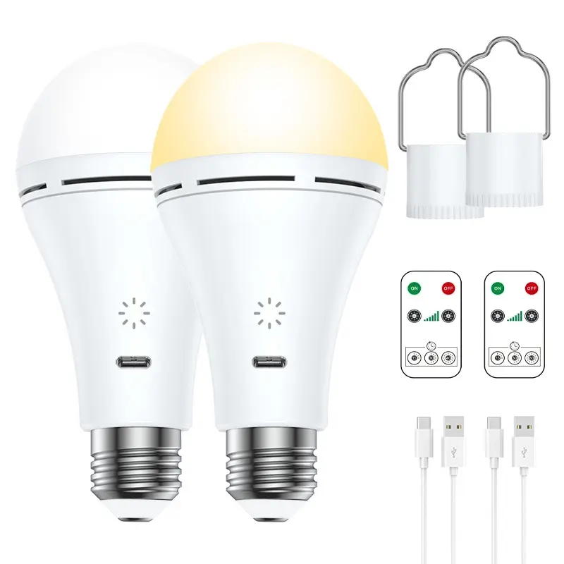 E27 USB Rechargeable LED Light Bulb - 9W, 2000mAh Battery-Powered, Dimmable, 3 Color Temperatures, Touch & Remote Control with Timer & Hook, Light Up Your Space for Chicken Coop, Power Outages
