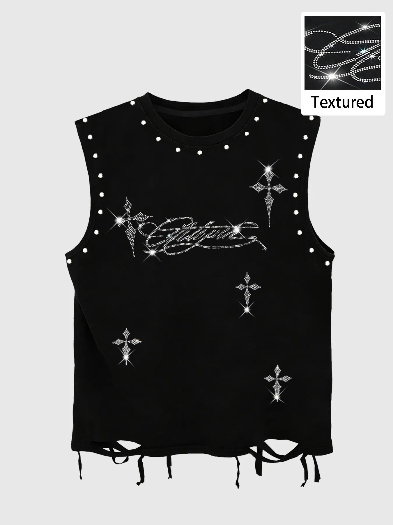 Men's Hip Hop Streetwear Fashion Style Round Neck Sleeveless Graphic Tank Top, Rivet & Rhinestone Embellished, Ripped Hem Design, Casual Comfortable Top for Summer