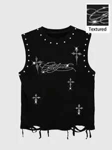 Men's Round Neck Sleeveless Casual Streetwear Hip Hop Graphic Tank Top, Wide Shoulder Rivet Design, Ripped Hem, Comfortable for Spring Summer