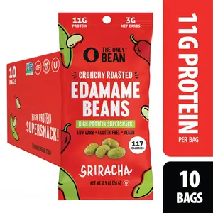 The Only Bean - Crunchy Roasted Edamame Beans (Sriracha) - Keto Snack, High Protein, Healthy Snacks, Low Carb, Gluten-Free & Vegan (0.9oz) (10 Pack) Fiber Dry