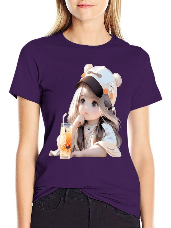 Women's Cotton Graphic Tee - Lady Streetwear Tshirt, Cute Chibi Girl, Ear Cap & Bubble Tea Prints, Halloween, Casual Short Sleeve, Breathable Light Fitted Minimalist Soft High-Quality Top