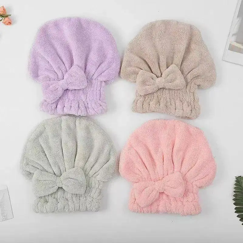 Women's 4-Piece Elegant Showercap Set, Solid Color Hair Drying Wraps with Bow, Soft and Absorbent Bathroom Accessory, Bow Decoration, Four Pieces