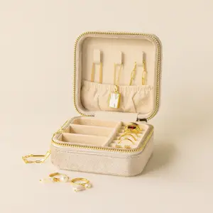 Square Velvet Jewelry Case by Caitlyn Minimalist - Beige Jewelry Organizer - Minimalist Keepsake Box, Necklace, Ring, Earring Display - Travel Case - Gift for Her